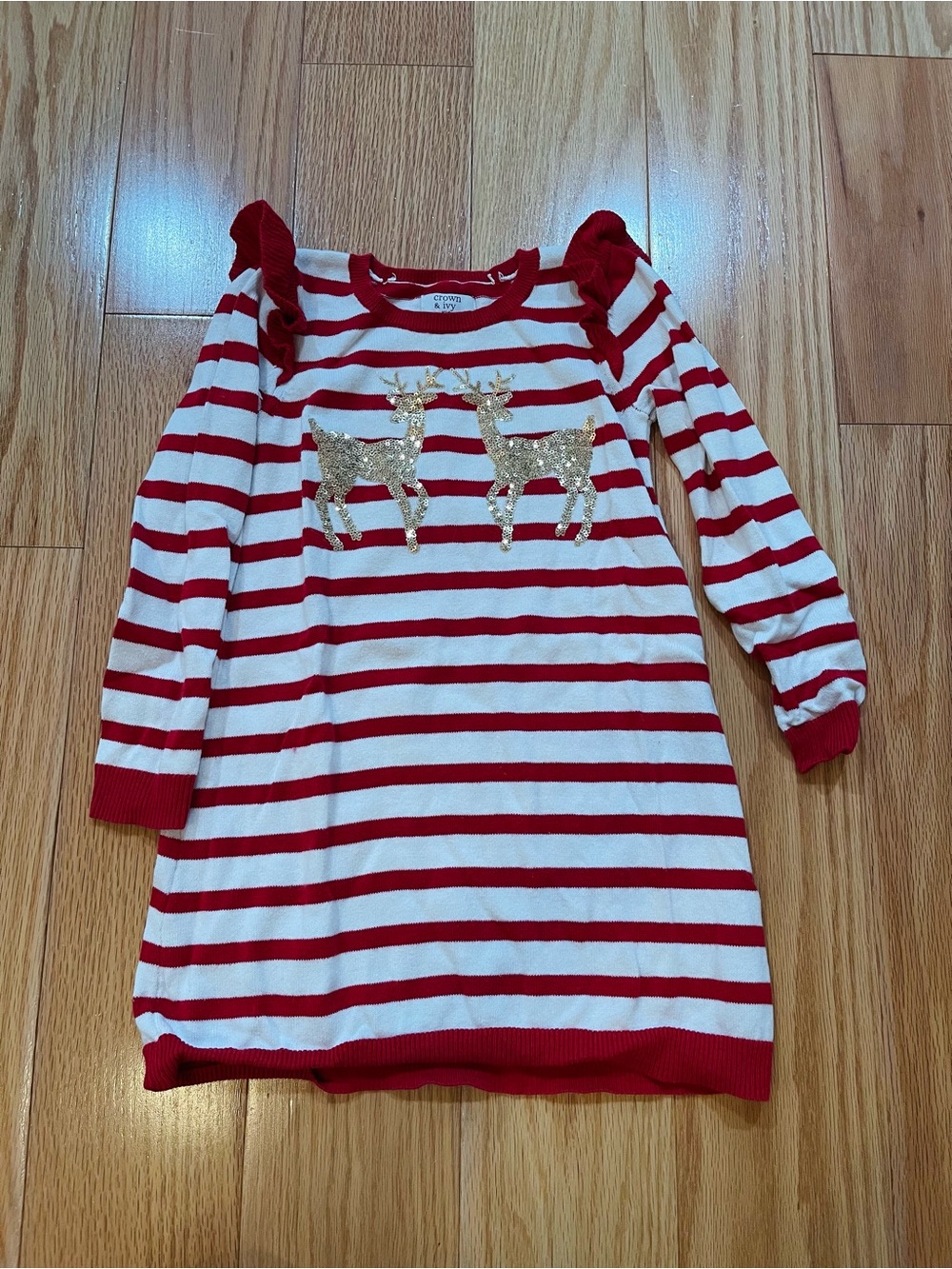 crown & ivy Kids Red and White Striped Sweater with Gold Sequin Accent